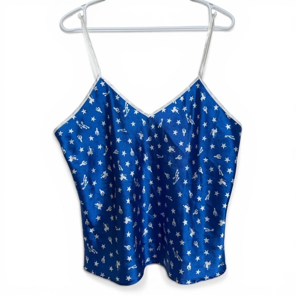 Vintage Roper Western Print Satin PJ Tank Top Size Large Blue White Y2K